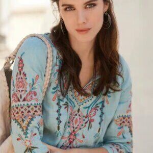 Johnny Was Embroidered Linen Turquoise Tunic Size XL